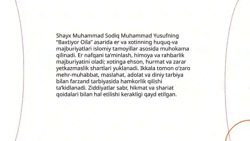 Shayx Muhammad Sodiq Muhammad Yusufning "baxtiyor oila" asaridan islom qadriyatlarining talqini 4