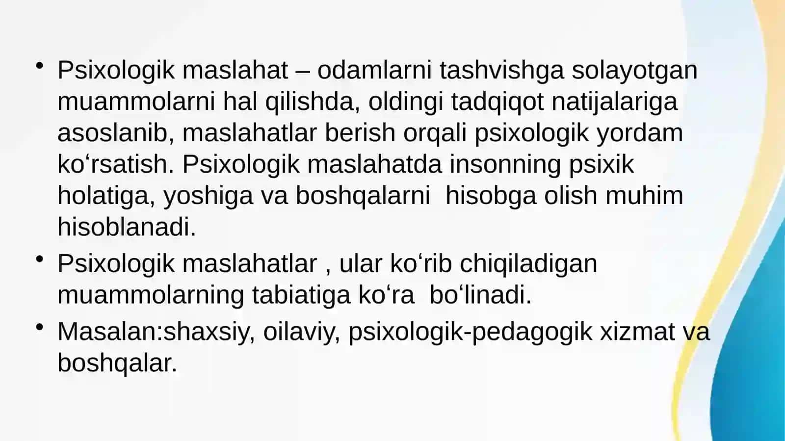 Psixologik xizmat faoliyatida psixologik maslahat yo’nalishining mazmuni 4
