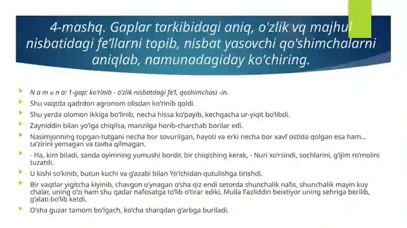 FE’l MAVZU sibo‘yicha topshiriqlar 4
