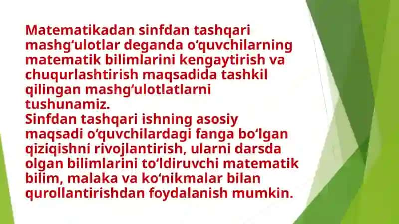 Matеmatikadan sinfdan tashqari ishni tashkil qilish turlari 4
