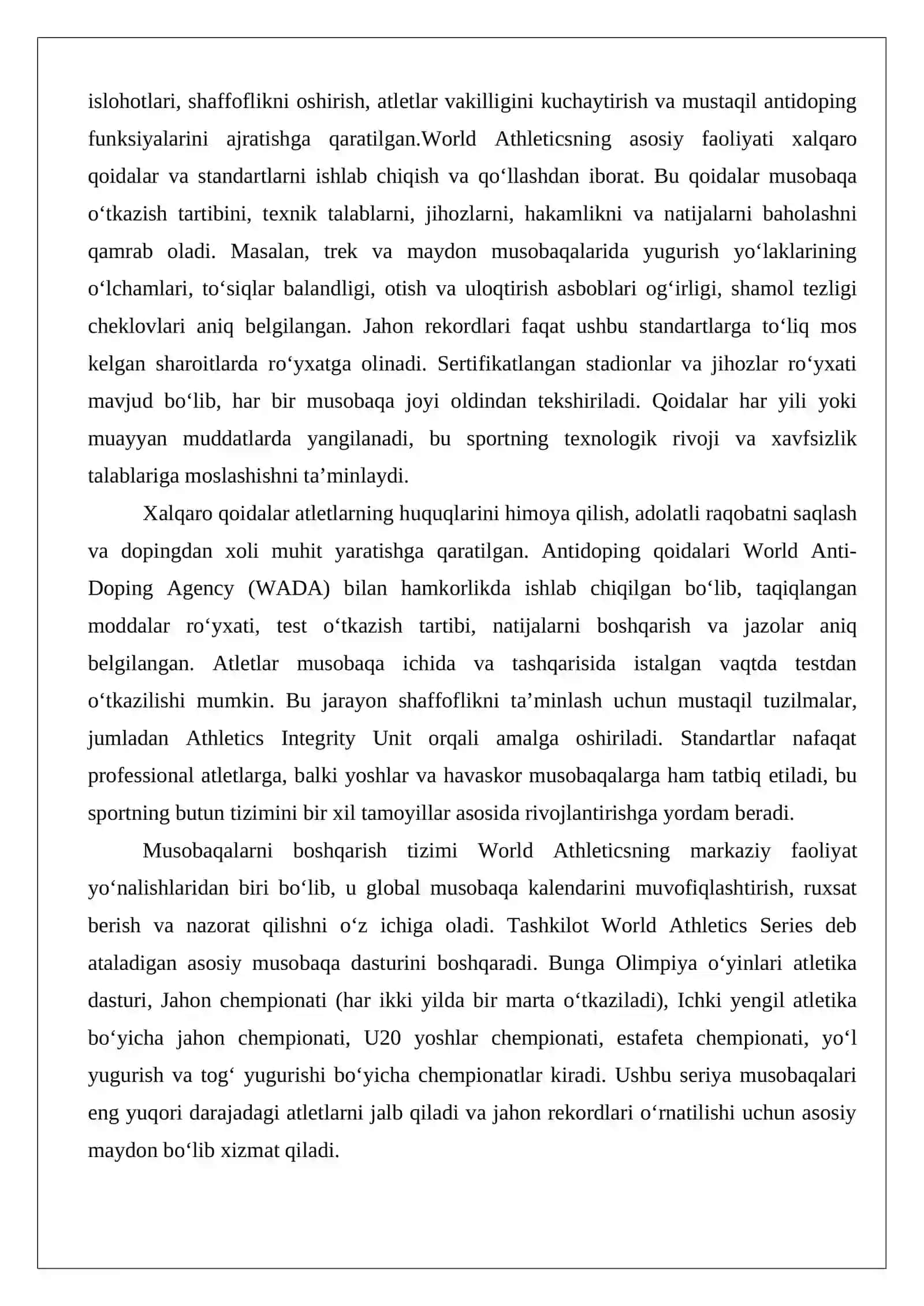 Yengil atletika turi bo‘yicha jahon miqyosidagi musobaqalar o‘tkazilishi 4