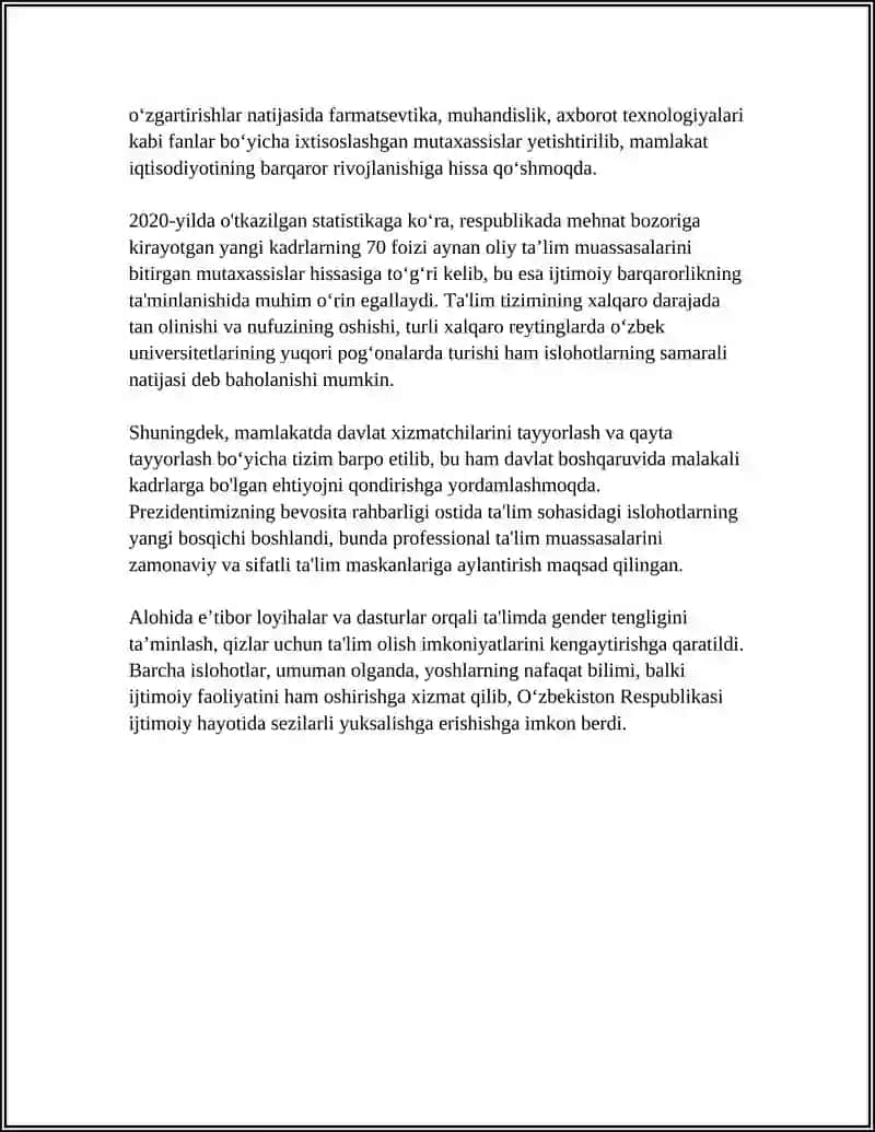 O‘ZBEKISTON RESPUBLIKASIDА IJTIMOIY SOHADAGI ISLOHOTLAR VA UNING NATIJALARI 4