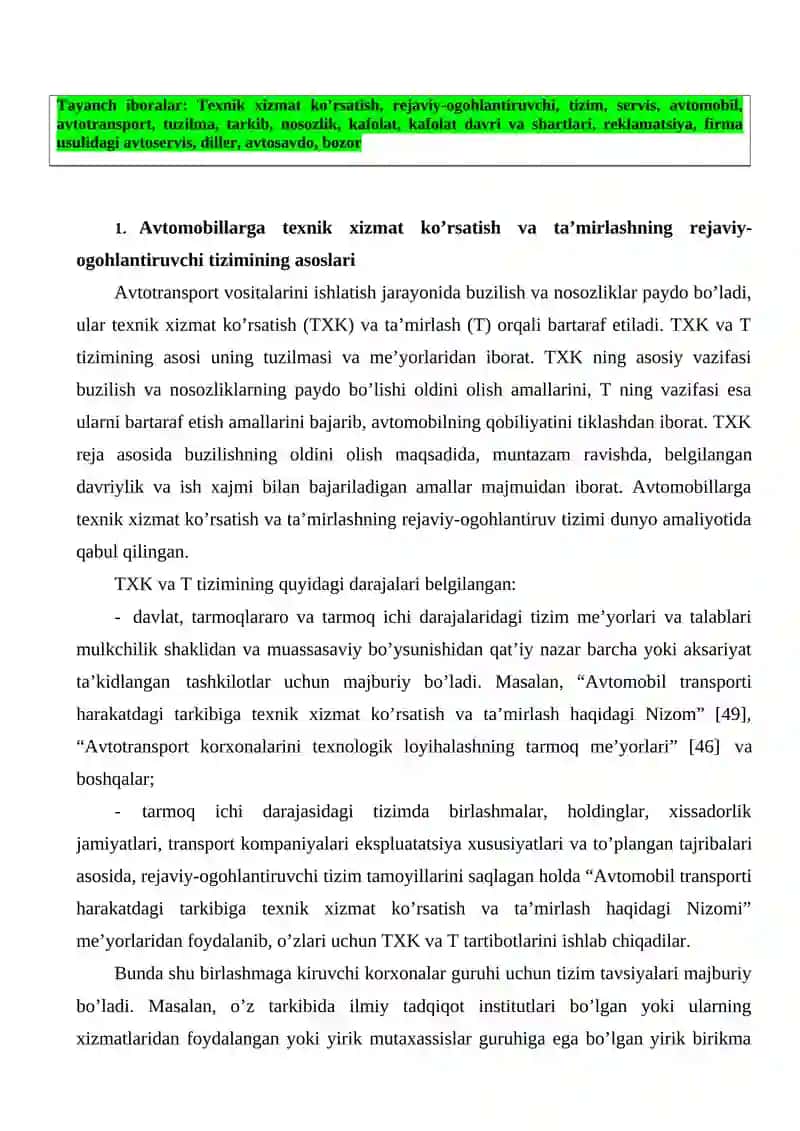 Avtomobillarga texnik xizmat ko’rsatish va ta’mirlashning rejaviy-ogohlantiruvchi tizimining asoslari 4