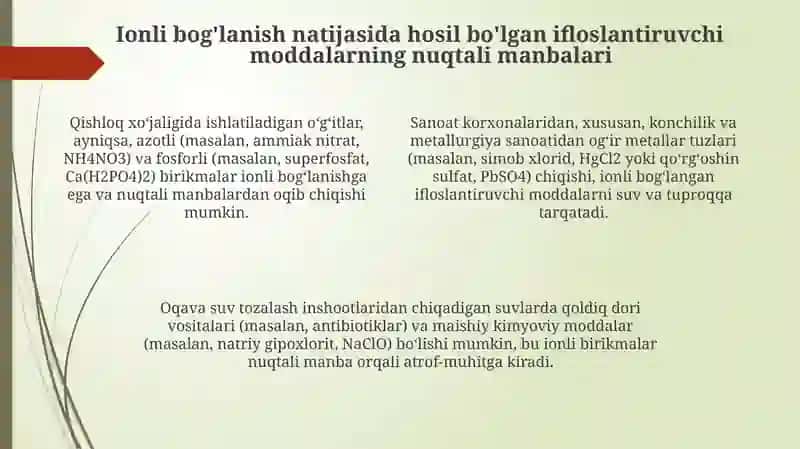Tuproq vasuvning ifloslanishiga ion bog'lanishli birlik manbalari 4