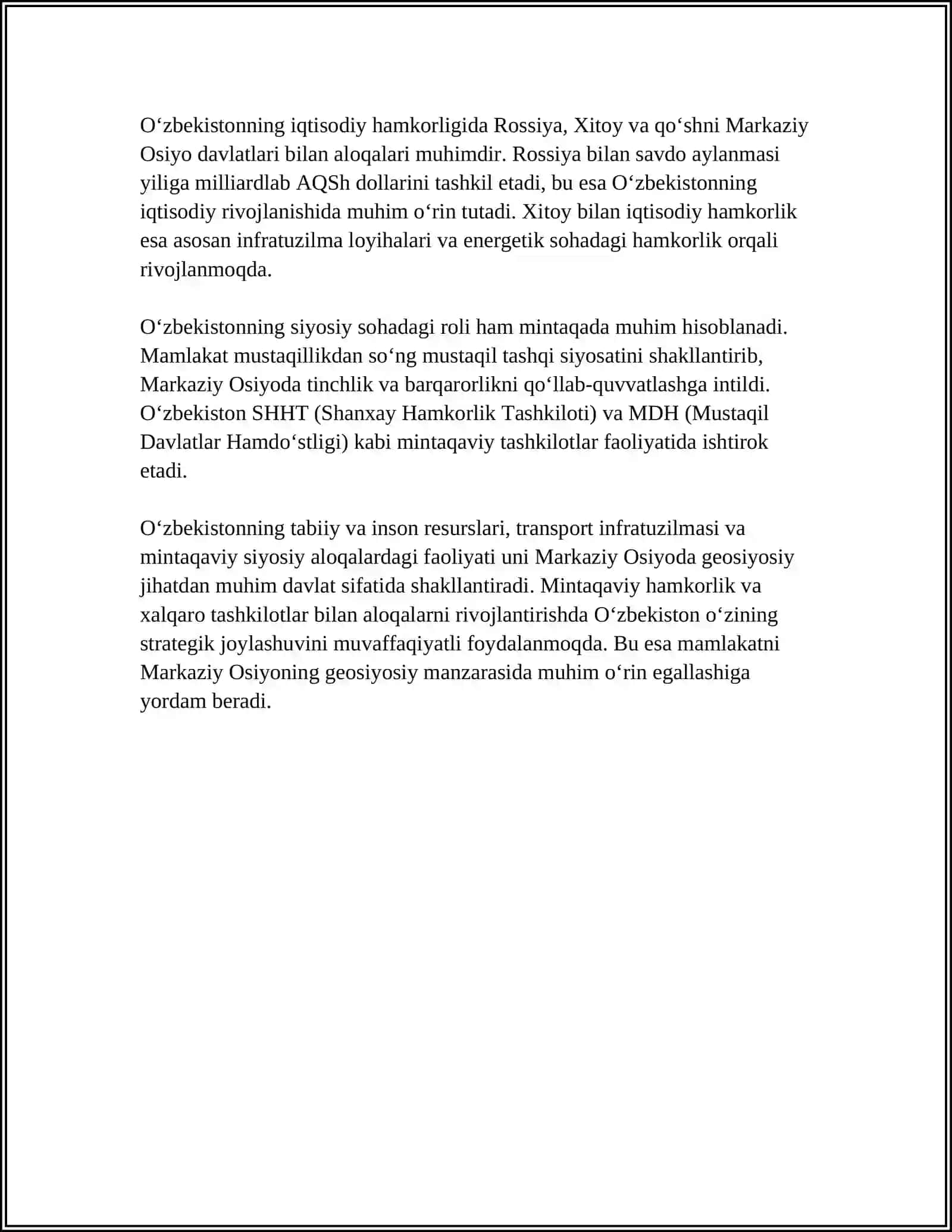 O‘ZBEKISTONNING MARKAZIY OSIYODA TINCHLIK VA BARQARORLIKNI TA‘MINLASHDAGI O‘RNI MAVZUSIDA SLAYD TAYYORLASH KERAK 4