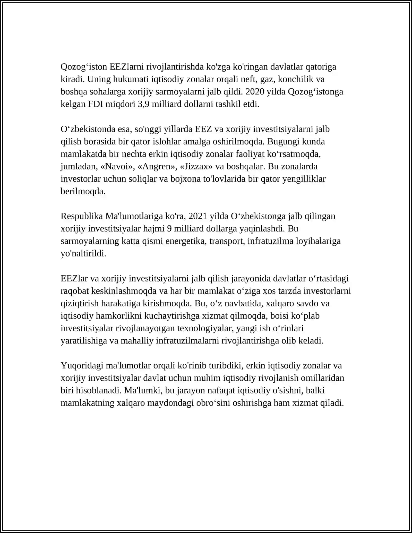 ERKIN IQTISODIY ZONALAR ORQALI XORIJIY INVESTITSIYALARNI JALB ETISHNI RAG'BATLANTIRISH 4