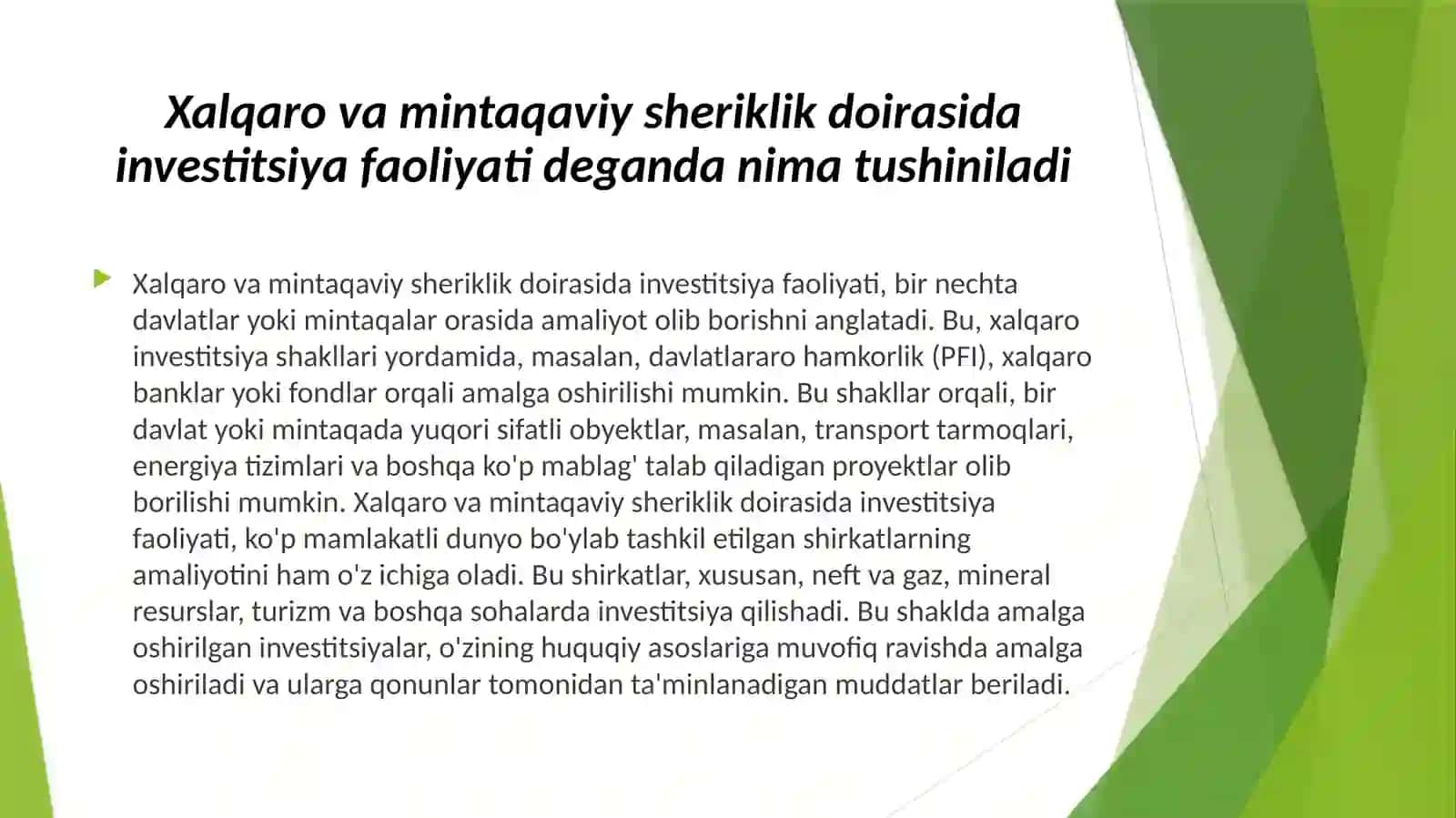 Xorijiy investitsiyalar va kreditlar hisobiga loyihalarni moliyalashtirish 4