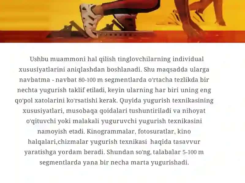 Yengil atletika turlari texnikasini o'rgatish 4