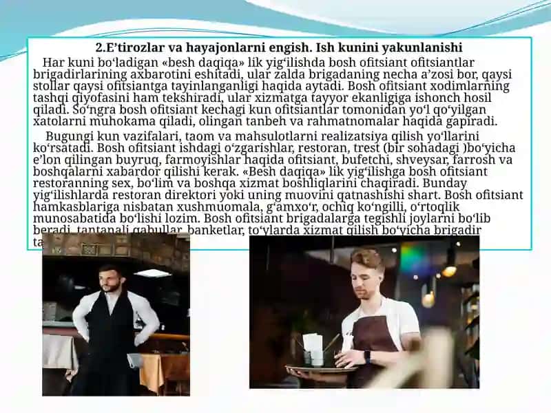 RESTORANLARDA MEHMONLAR ISHONCHI. BARLARDAGI SERVIS 4