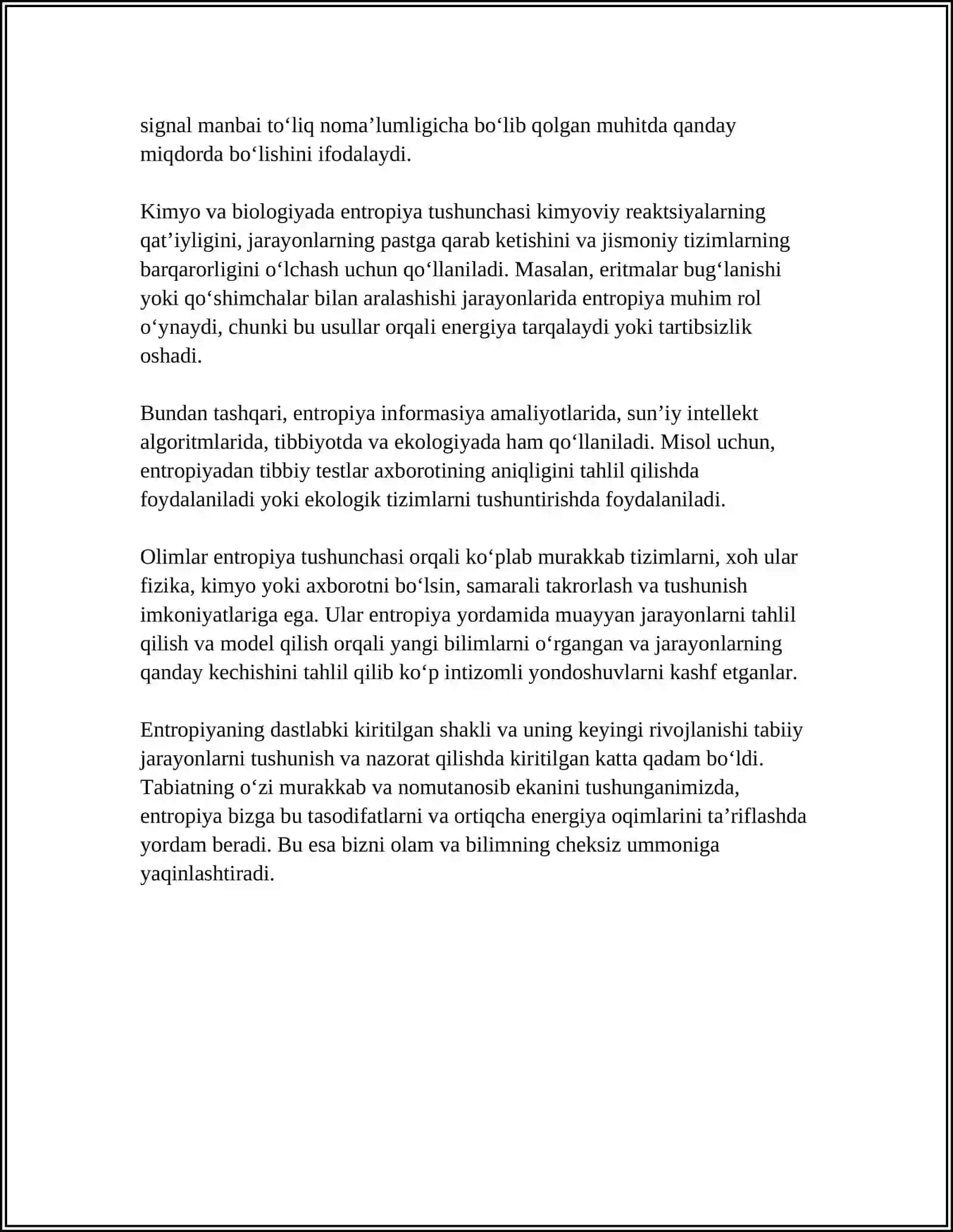 ENTROPIYA. YAKKALANGAN MUVOZANATSIZ HOLATDAGI TIZIM ENTROPIYASINI MAKROHOLATINING STATISTIK VAZNI ORQALI ANIQLASH. ENTROPIYANING O'SISH PRINSIPI 4