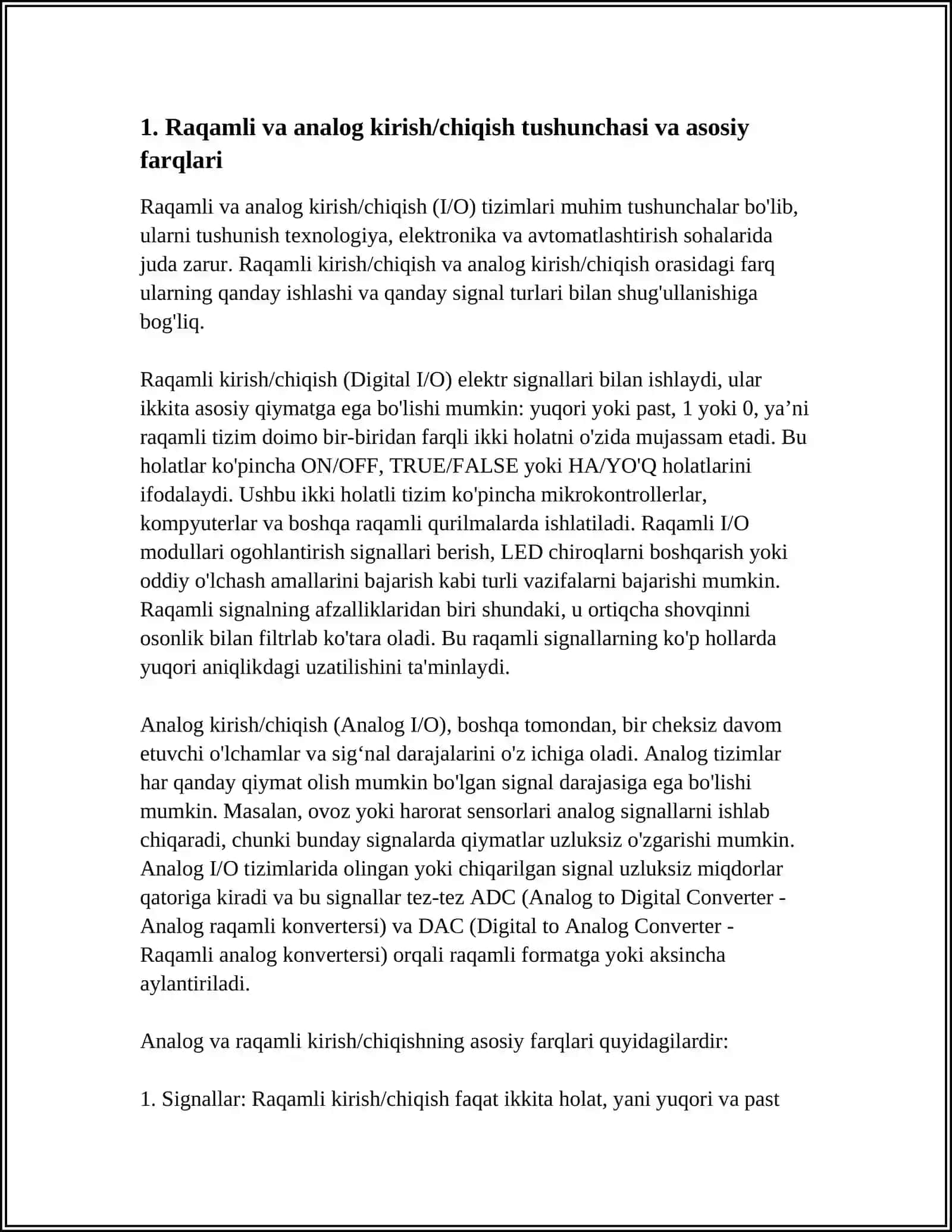 RAQAMLI KIRISH/CHIQISH (DIGITAL I/O ANOLOG I/O) 4