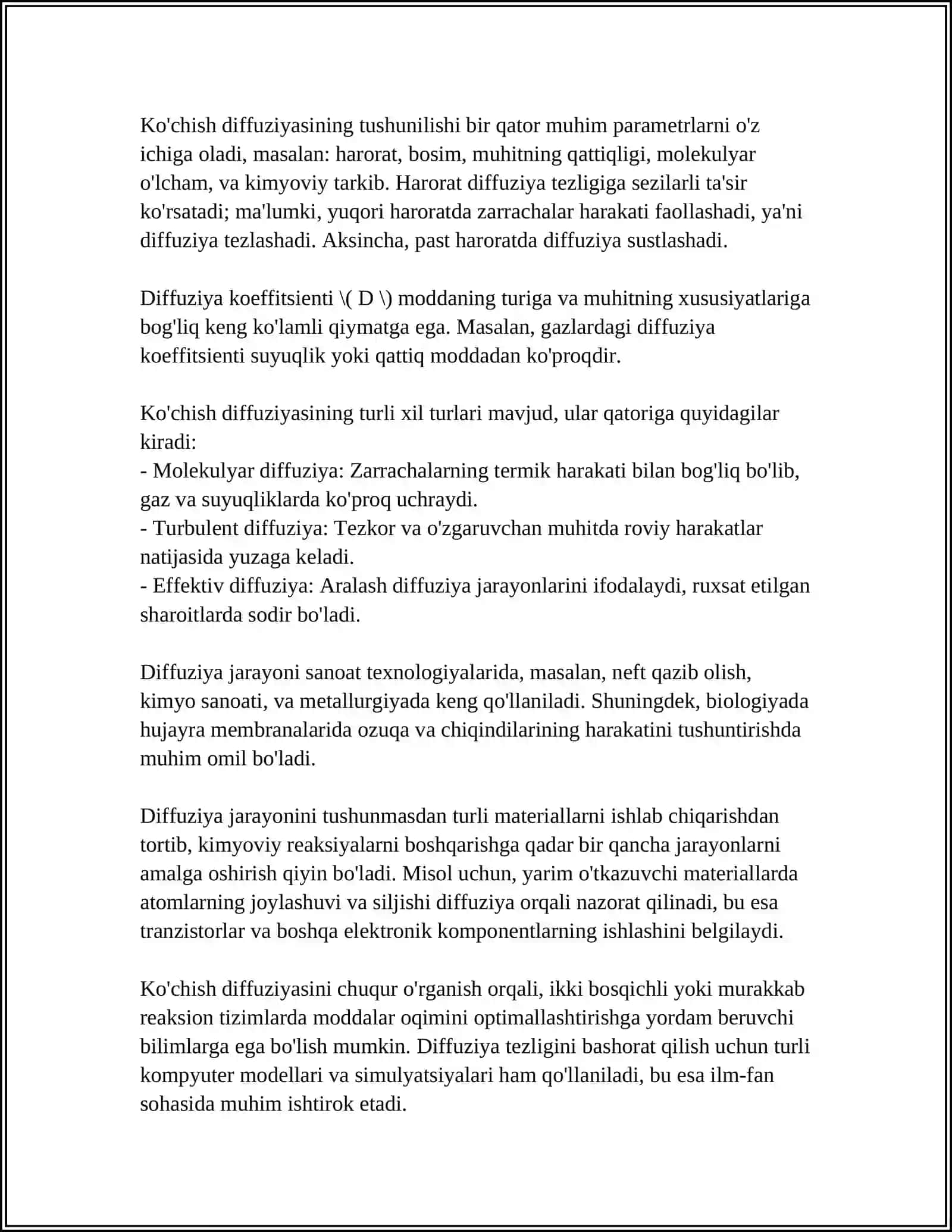 KOʻCHISH DIFFUZIYA, ISSIQLIK OʻTKAZUVCHANLIK VA QOVUSHQOQLIK.FAZAVIY OʻTISHLAR 4
