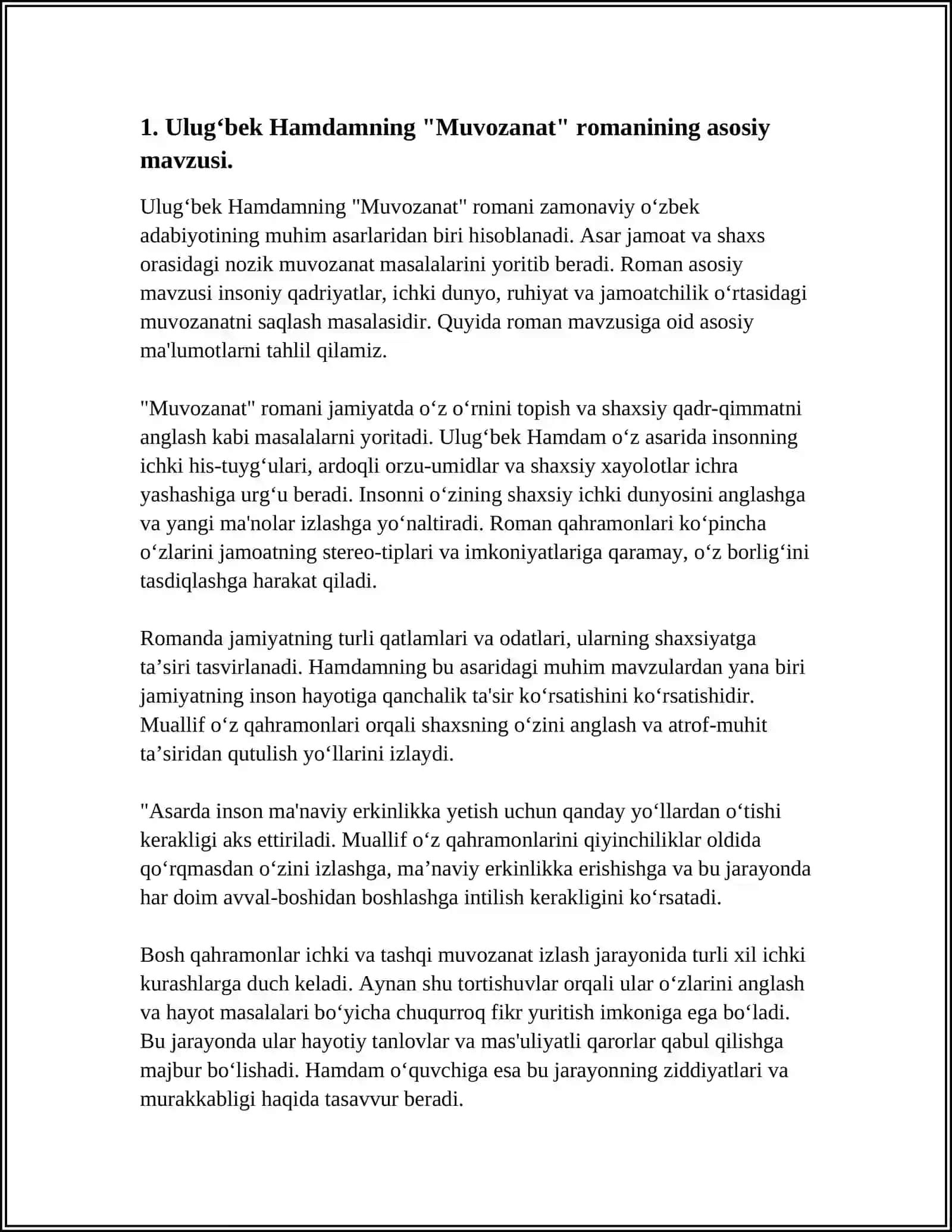 ULUGʻBEK HAMDAMNING,,MUVOZANAT" ROMANI BOʻYICHA REFERAT 4