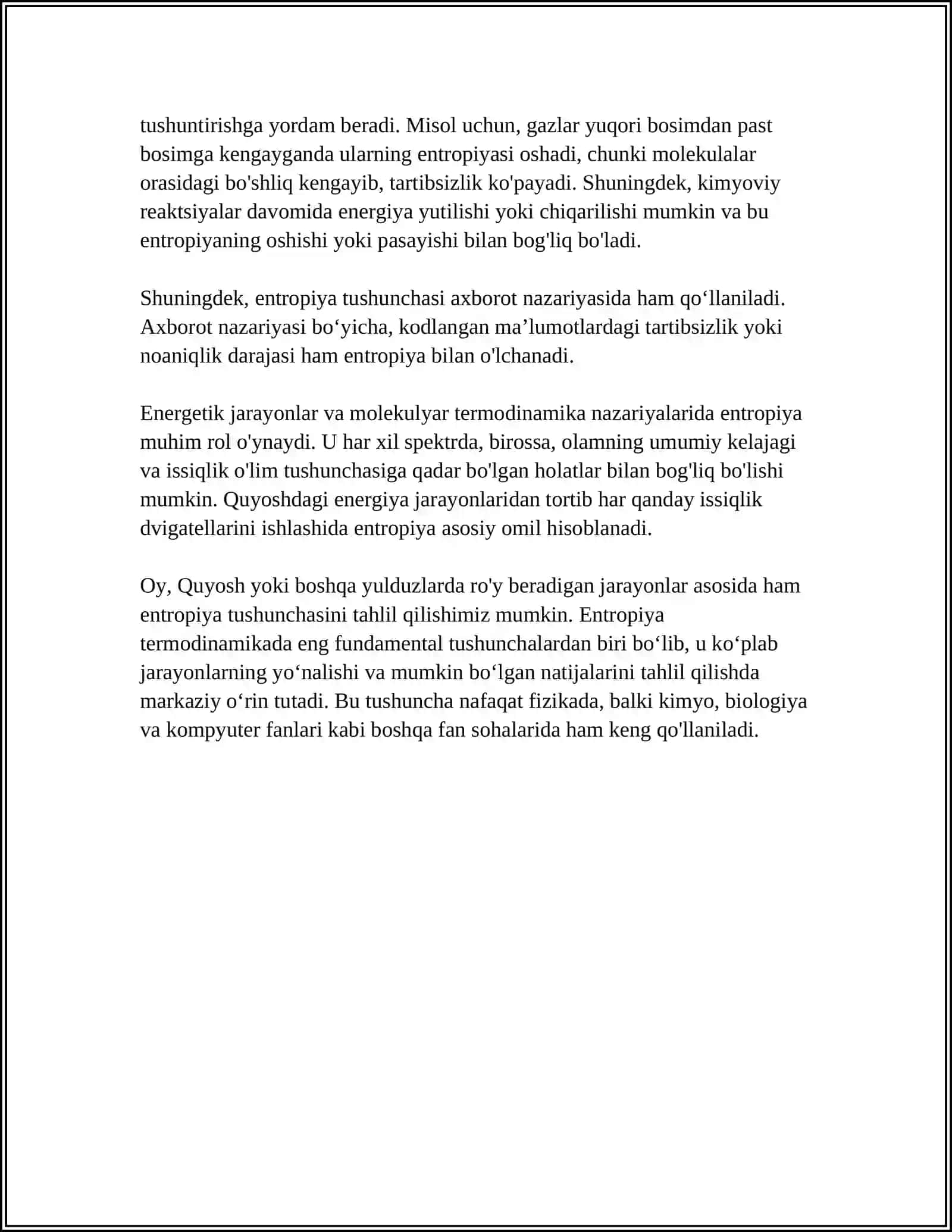 OCHIQ TIZIMLARDA ENTROPIYANING LOKAL KAMAYISHI.DISSIPATIV STRUKTURALAR 4