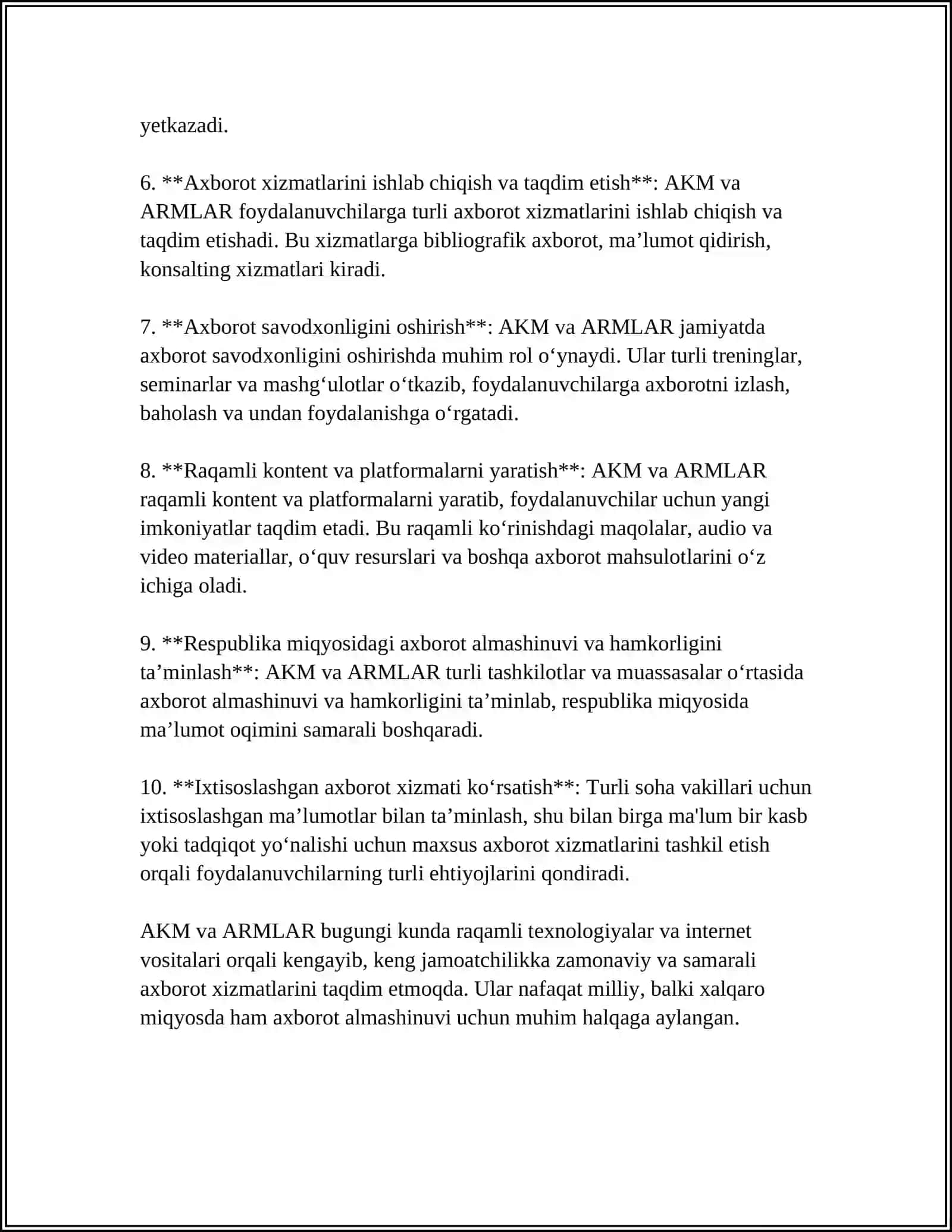 AKM,ARMLAR VA KUTUBXONALAR ISHINI REJALASHTIRISHNING MOHIYATI,AHAMIYATI VAZIFALAR 4