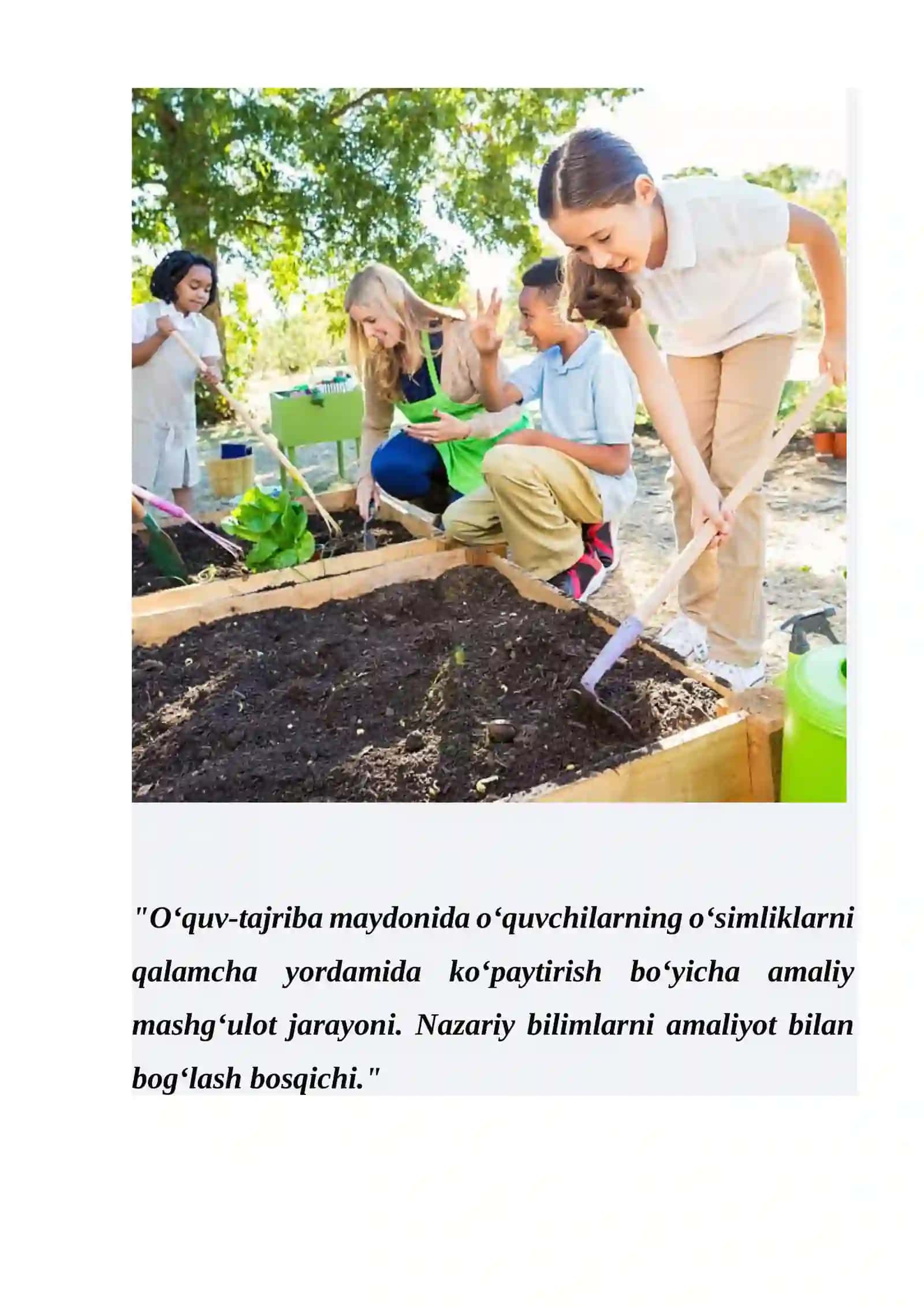O‘quv tajriba maydonida o‘tkaziladigan 
biror mavzuga bir soatlik dars ishlanma yozish. 4
