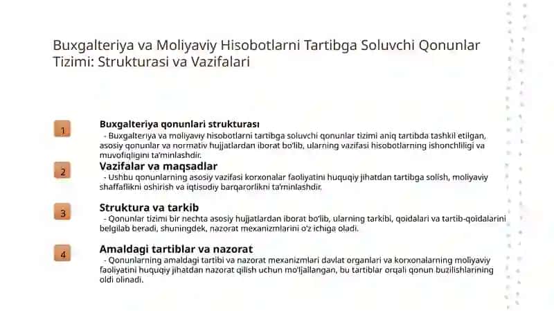 O‘zbekiston Respublikasida buxgalteriya hisobi va moliyaviy hisobotlarning huquqiy asoslari 4