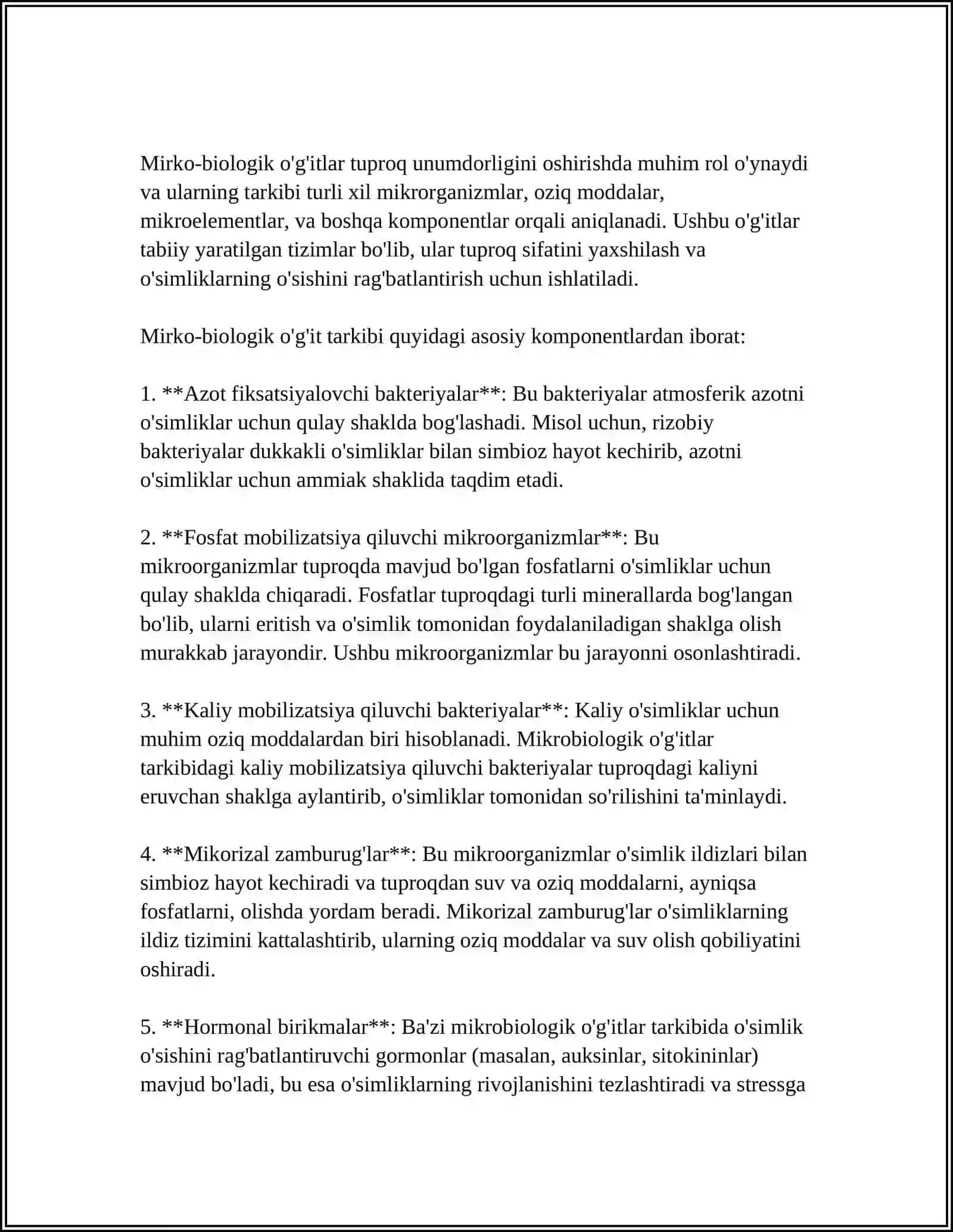 TUPROQ UNUMDORLIGINI OSHIRISHDA BAKTEROLOGIK OʻGʻITLARNI QOʻLLASH HAMDA MASKUR OʻGʻITLARNI MADANIY OʻSIMLIKLARNI BIONAZORAT QILISHDAGI OʻRNI 4