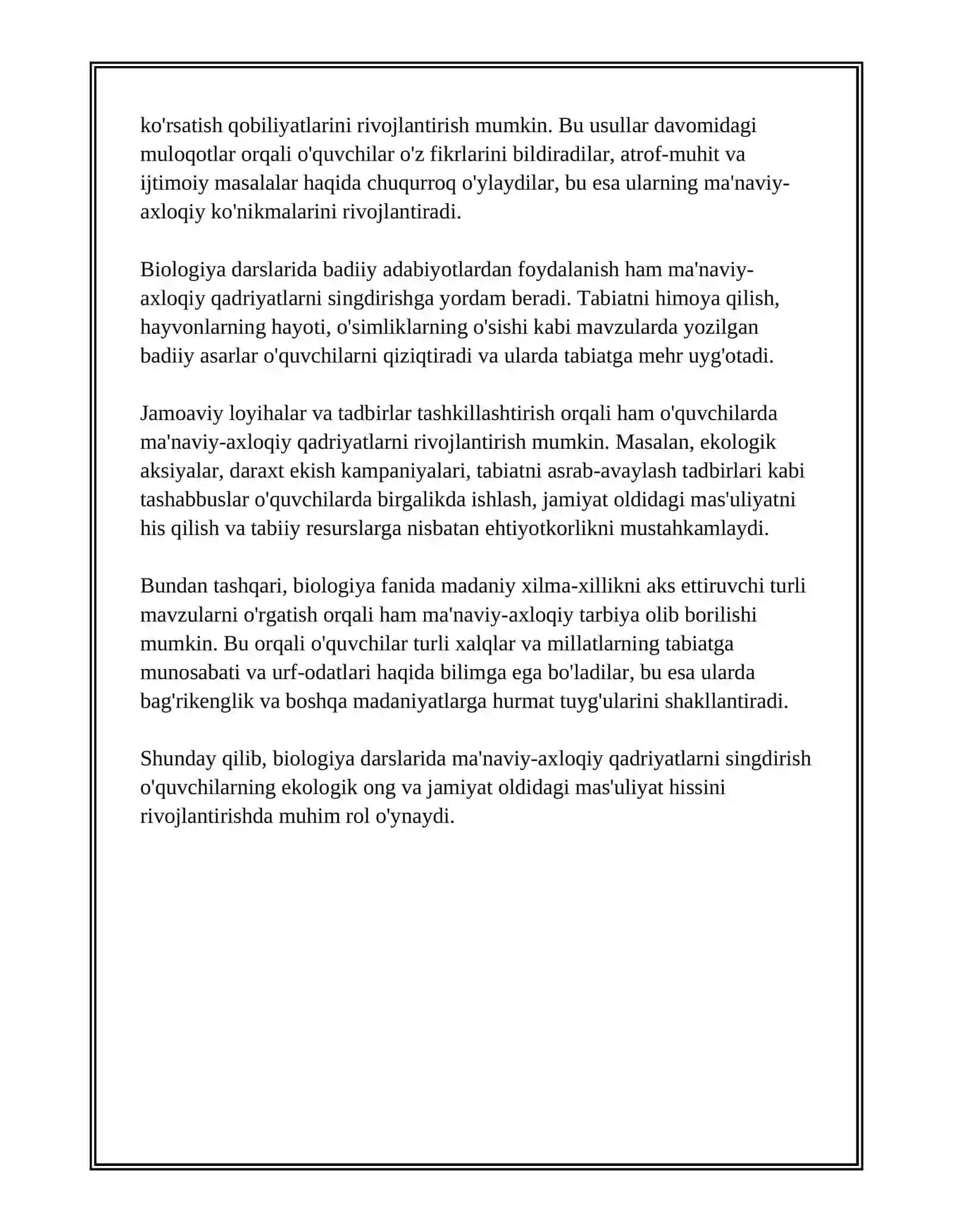 BIOLOGIYANI O’QITISHDA O’QUVCHILARNI MA’NAVIY-AXLOQIY, AQLIY, IQTISODIY, GIGIYENIK, JINSIY VA JISMONIY TARBIYALASH MASALALARI 4