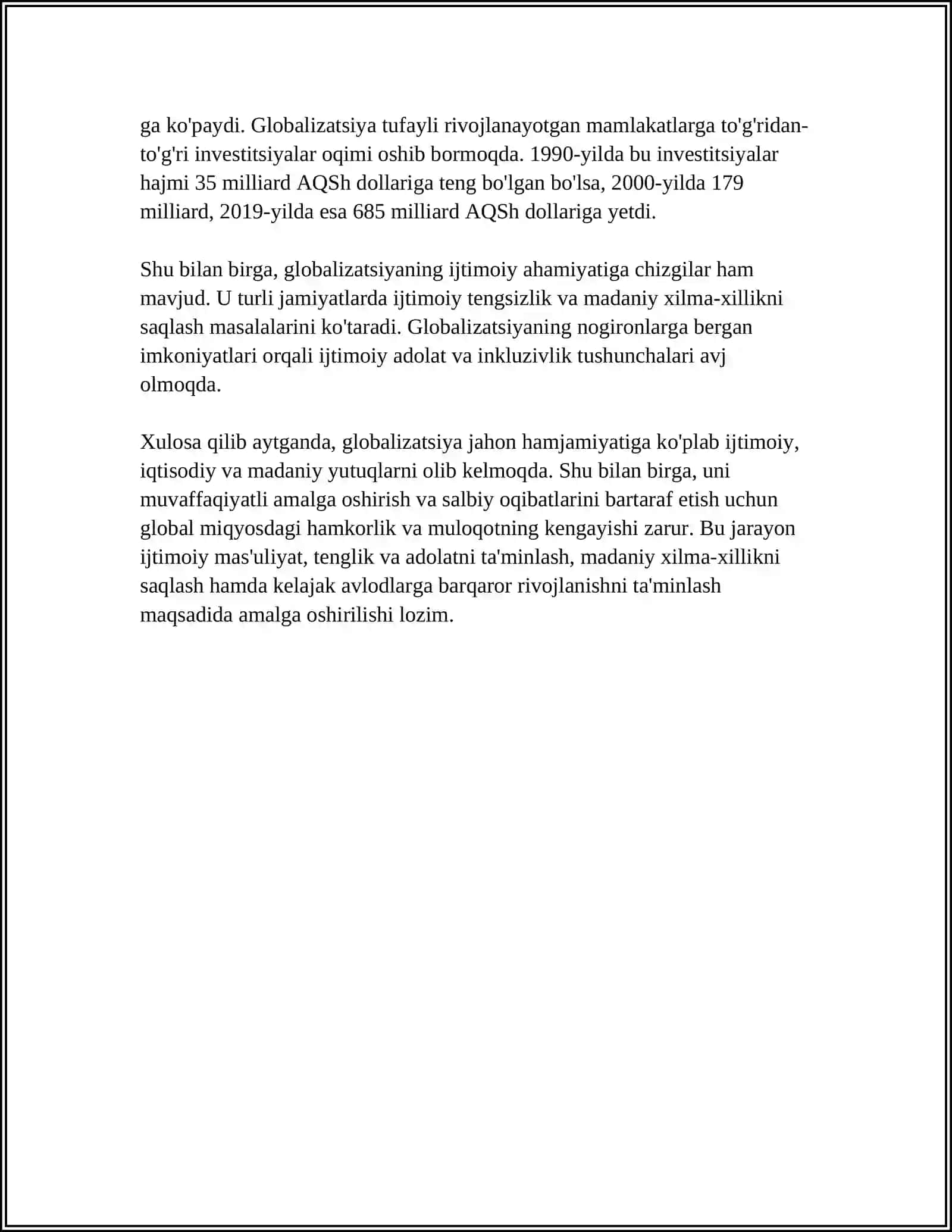 GLOBALLASHUV JARAYONINING IJTIMOIY VA FALSAFIY AHAMIYATI MAVZUSIDA REFERAT TAYYORLASH 4