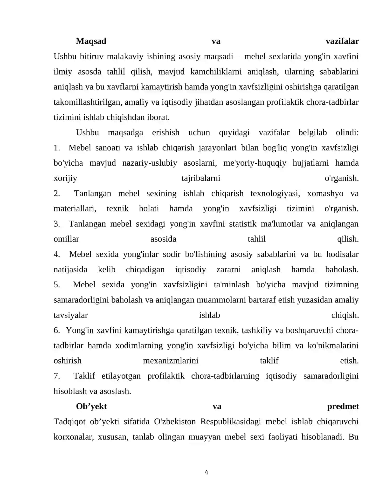 Mebel sexida yong'in xafini baholash va yong'inga qarshi profilaktik choralar tizimini takomillashtirish 4