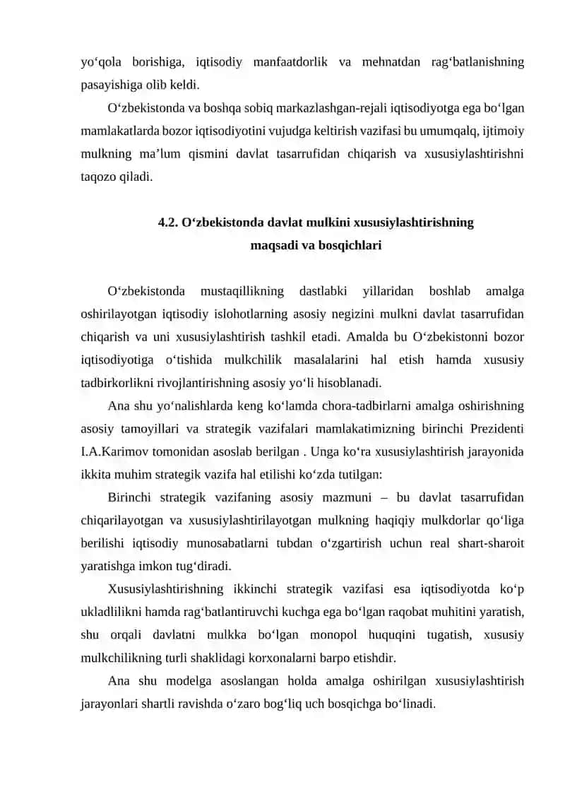O‘ZBEKISTONDA DAVLAT MULKINI XUSUSIYLASHTIRISH VA BOSHQARISH – IQTISODIYOTNI TARTIBGA SOLISH VOSITASI 4