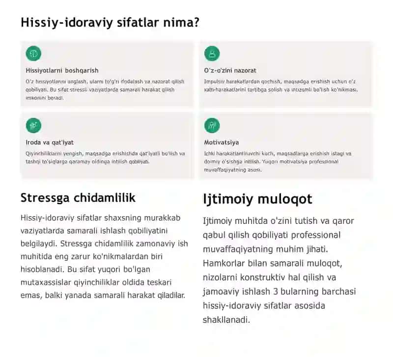 Kasbiy rivojlanishda hissiy-idoraviy sifatlarning o'rni v aahamiyati 4