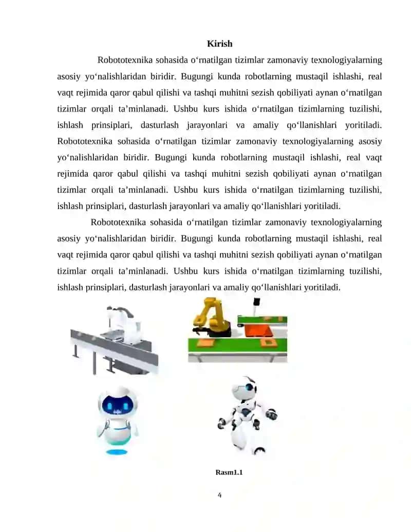 ROBOTOTEXNIKA SOHASIDA O‘RNATILGAN TIZIMLAR KURS ISHI 4