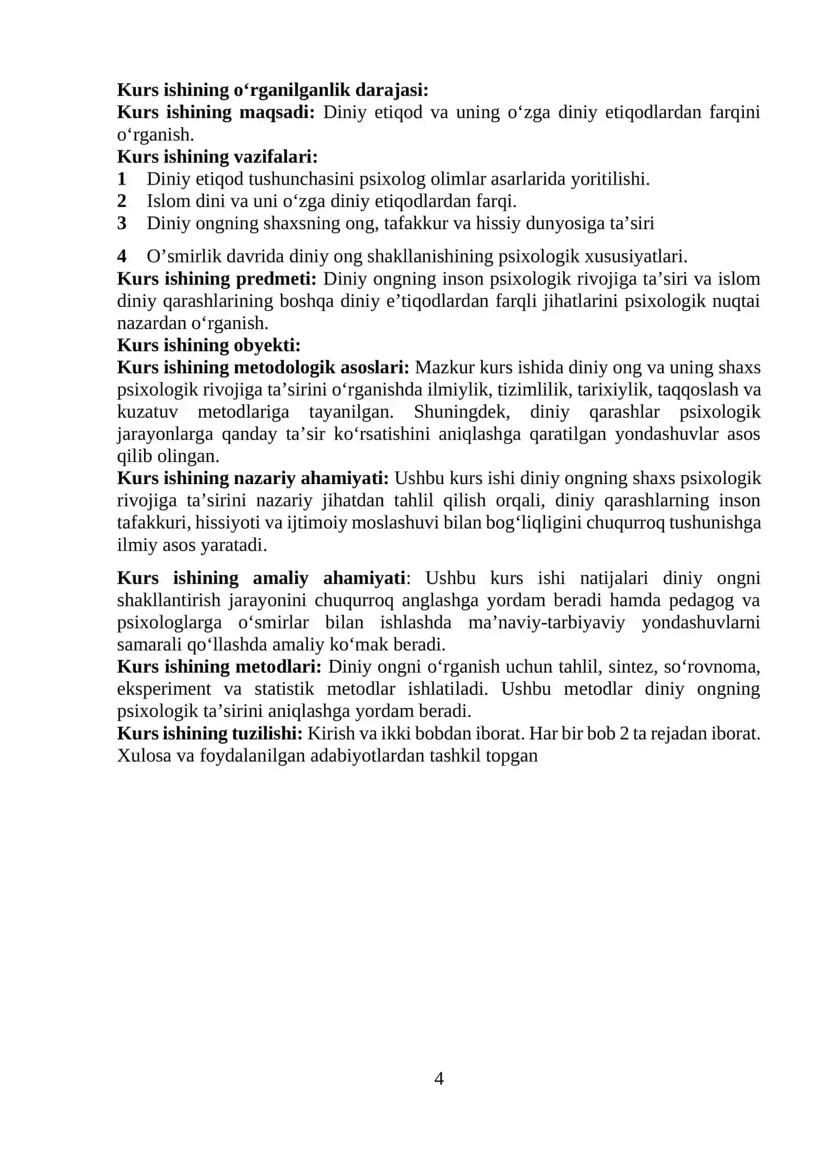 Diniy etiqod va uning oʻzga diniy etiqodlardan farqi - KURS ISHI 4
