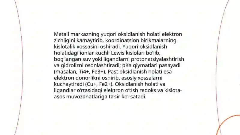 Kordinatsion birikmalarni kislota asoslik xossalari va ularning oksidlanish qaytarilish reaksiyalari 4