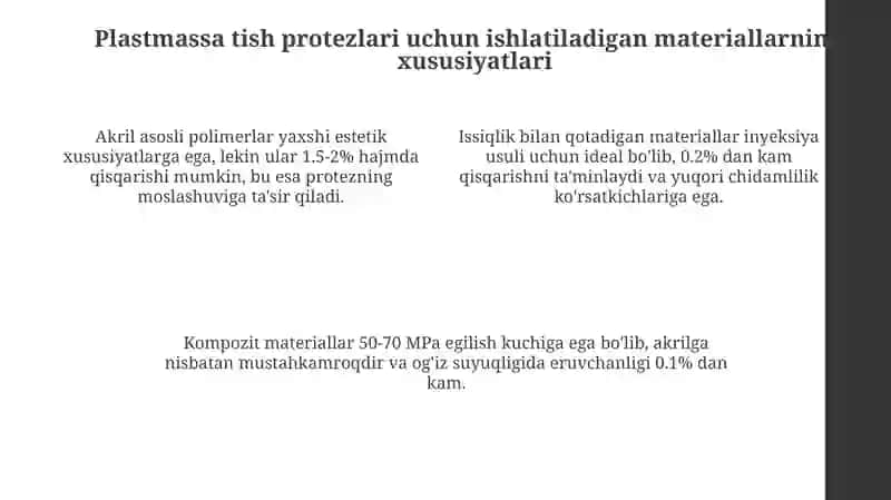 Plastmassa tish protezlari uchun xom ashyo: Turlari va xususiyatlari 4