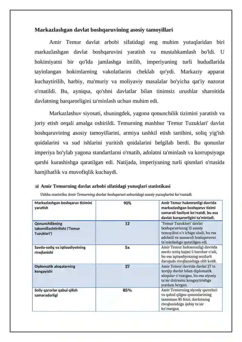 Amir Temurning davlat arbobi sifatidagi yutuqlari 4