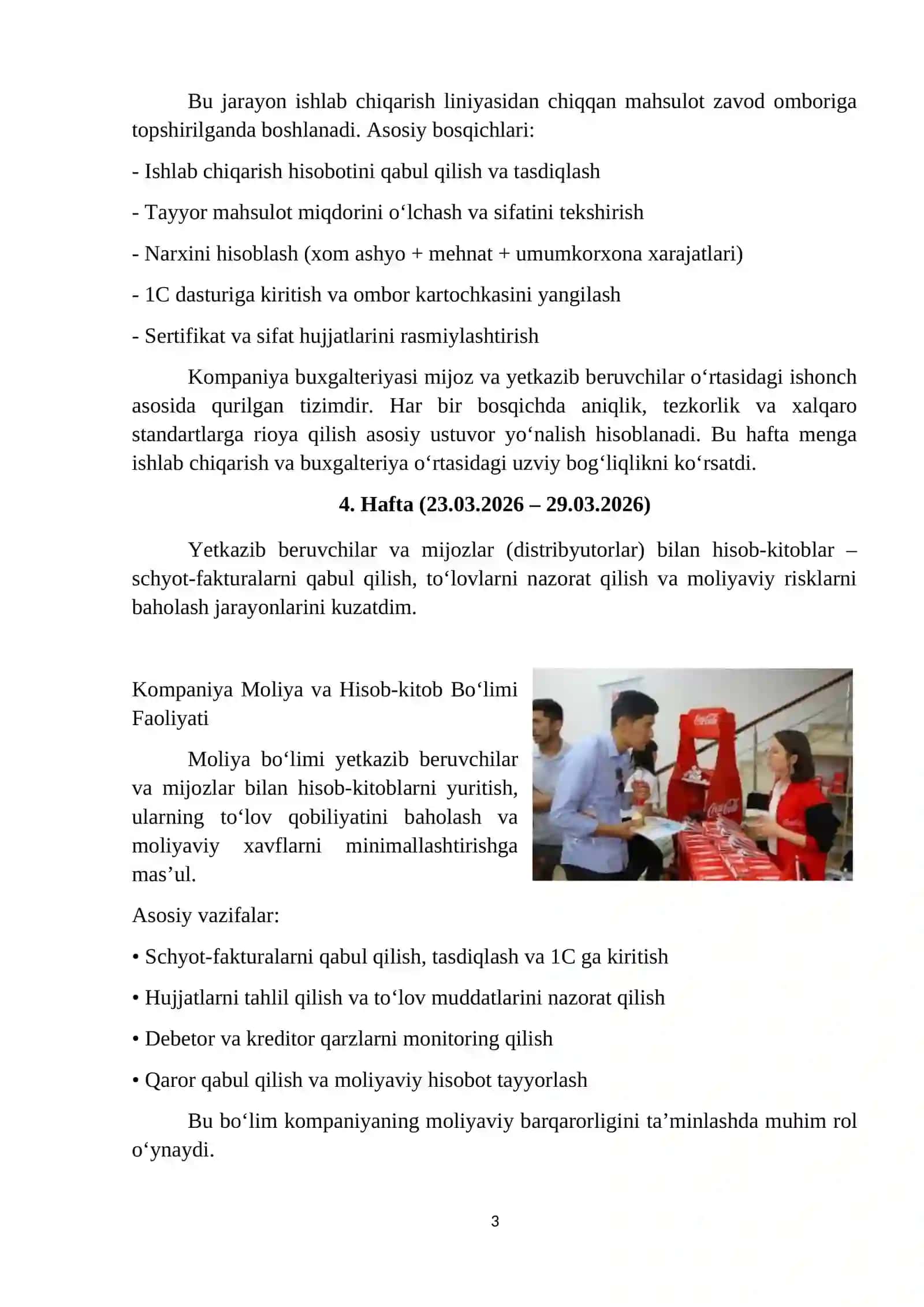 Coca cola kompaniyasi amaliyot hisoboti. CCI SAMARKAND LIMITED" MCHJ 4