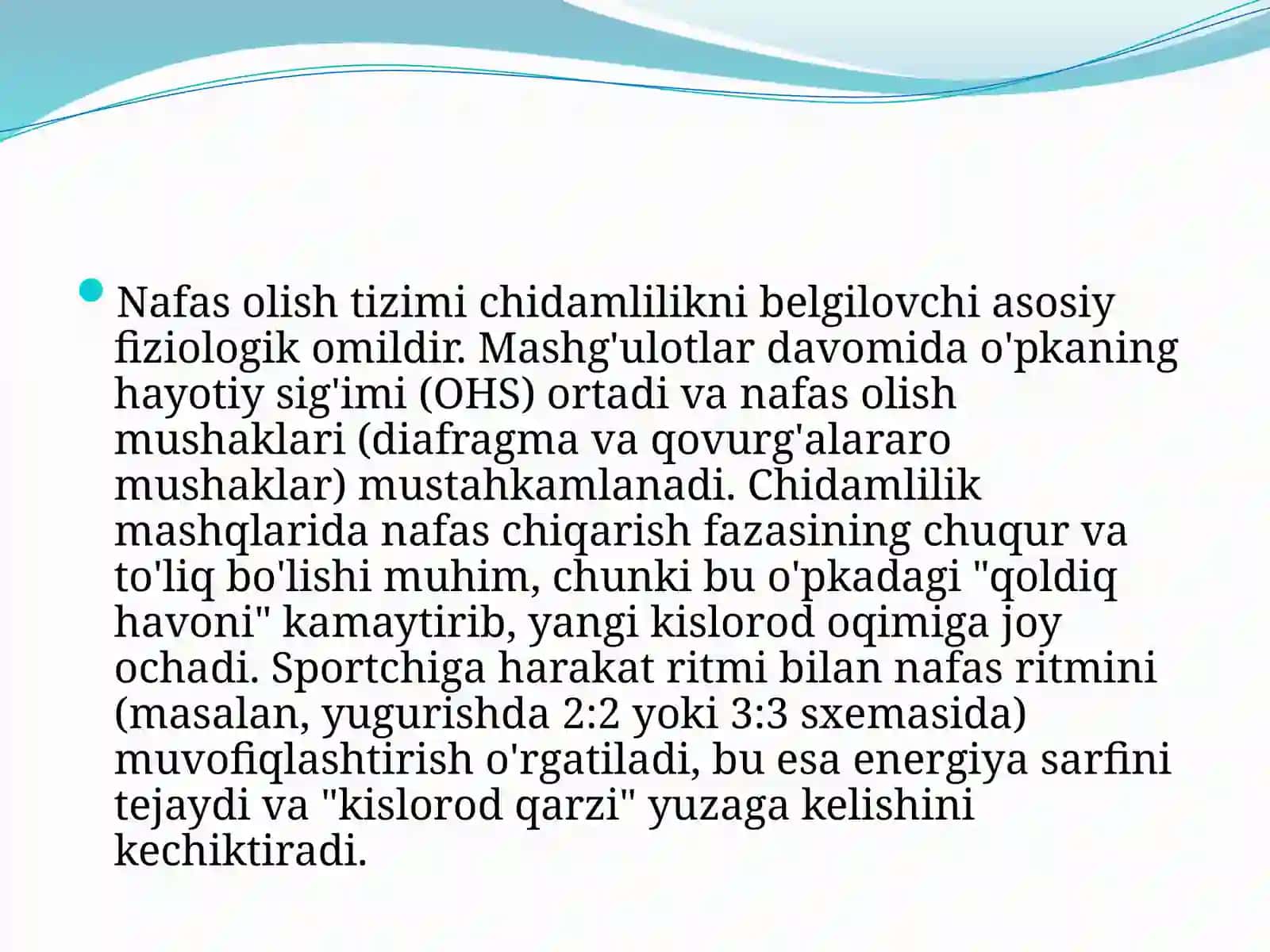 AEROB VA ANAEROB IMKONIYATLARNI OSHIRISHGA QARATILGAN TA'SIRLARNI BIRGA QO'SHISH. NAFAS OLISH VA CHIDAMLILIK. MAXSUS CHIDAMLILIKNI BAZI BIR TURLARINI TARBIYALASH METODIKASINING XUSUSIYATLARI 4