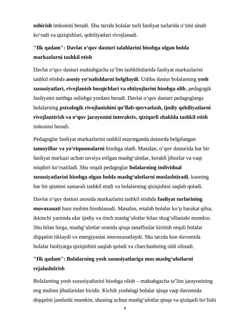 Ilk qadam davlat o‘quv dasturi asosida maktabgacha ta’lim tashkilotlarida faoliyat markazlarida ta’lim jarayonlarini tashkil qilish 4