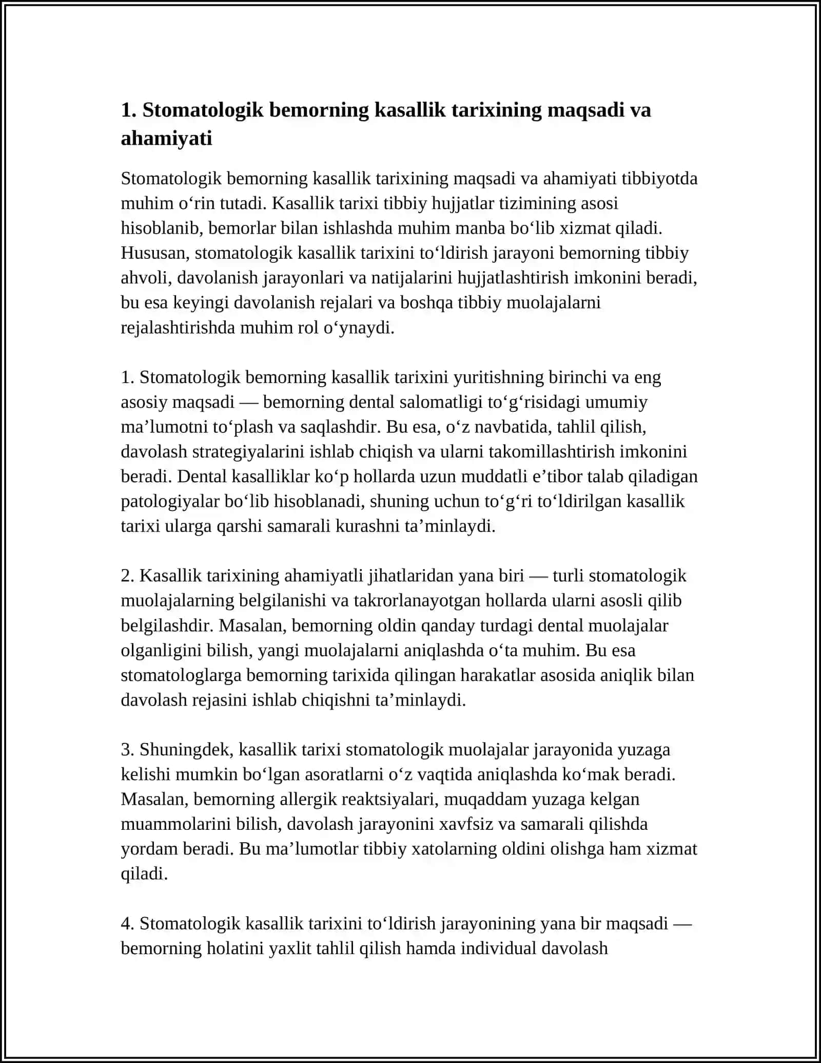 STOMATOLOGIK BEMORNING KASALLIK TARIXINI TO‘LDIRISH. 043 HUJJATINI TO‘LDIRISH, SHAKLLANTIRISH ASOSLARI 4