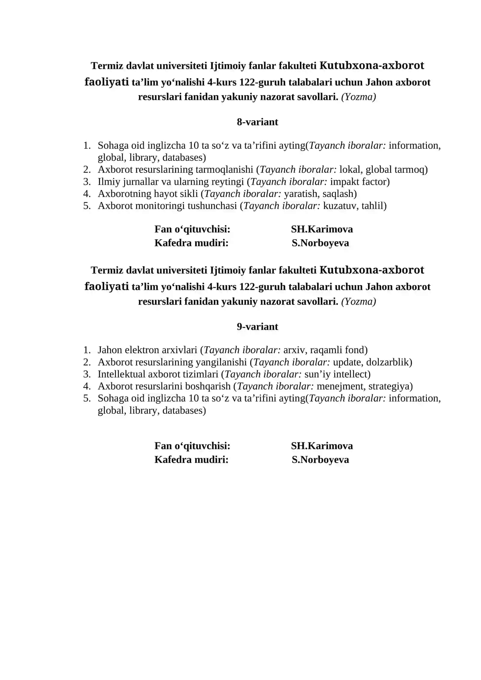 Jahon axborot resurslari fanidan yakuniy nazorat savollari 4
