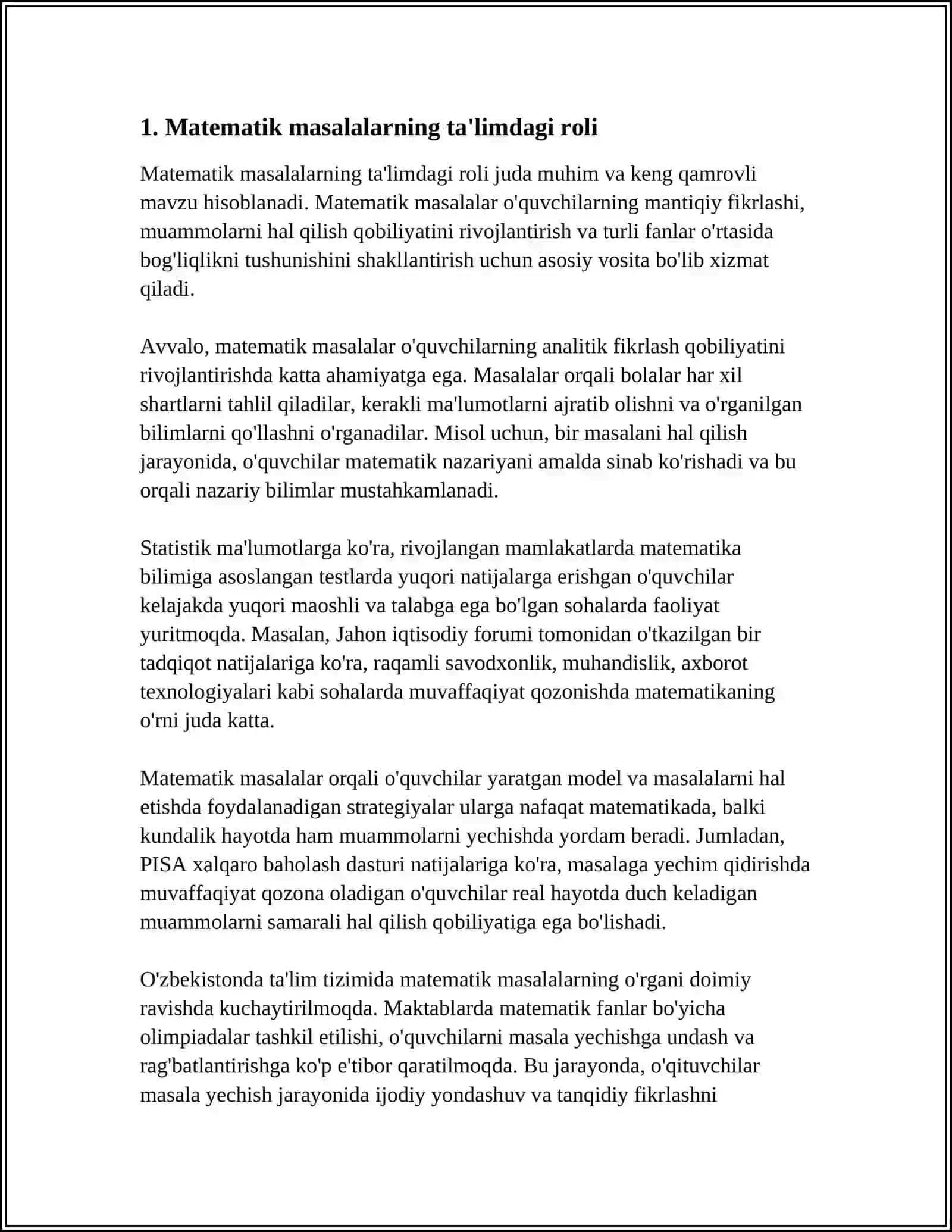 Matematikani O'qitishda Masalalarning O'rni va Roli, O'quvchilarni Matnli Masalalar Yechishga O'rgatish Metodikasi 4