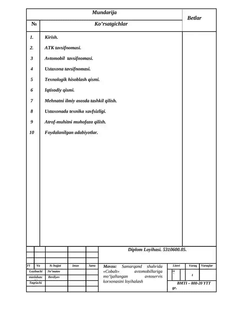 Samarqand shahrida «Cobalt» avtomobillariga mo‘ljallangan avtoservis korxonasini loyihalash 4