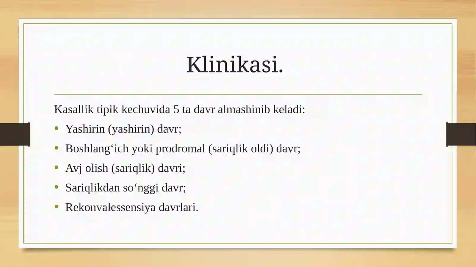 VIRUSLI GEPATITLAR A, E. ETIOLOGIYASI, PATOGENEZI, TASNIFI, KLINIKASI, TASHXISOTI, DAVOSI VA PROFILAKTIKASI. VIRUSLI GEPATITLAR REKONVALESSENTLARINING DISPANSERIZATSIYASI 4