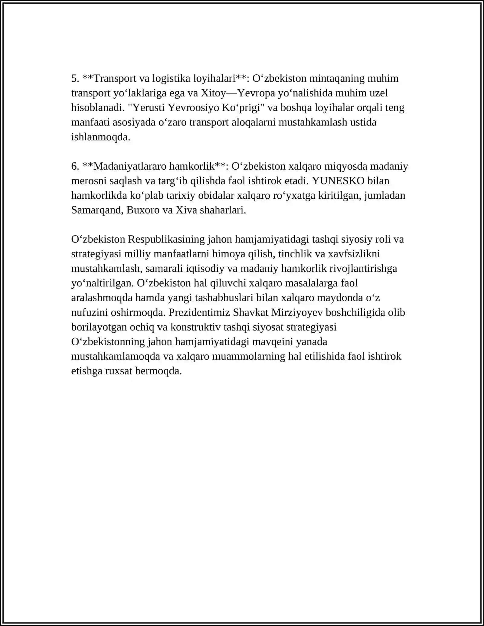 O'zbekistonning Jahon Hamjamiyatidagi tashqi siyosiy roli va strategiyasi 4