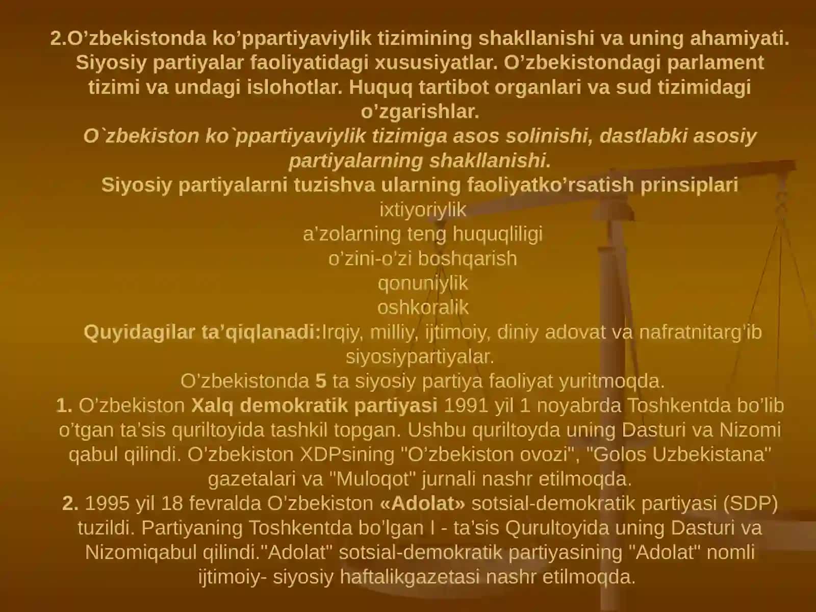 O’ZBEKISTONDA DEMOKRATIK,FUQAROLIK JAMIYATI ASOSLARINING SHAKLLANISHI, AMALGA OSHIRILGAN SIYOSIY ISLOHATLAR 4