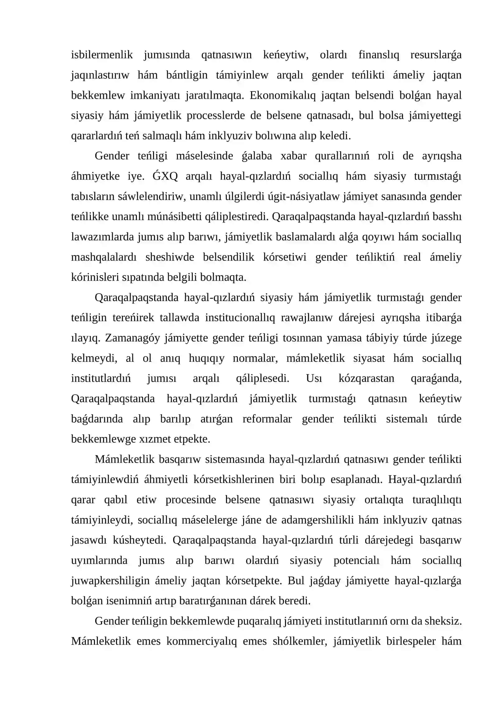 Qaraqalpaqstanda hayal-qızlardıń siyasiy hám jámiyetlik turmıstaǵı gender teńligi 4