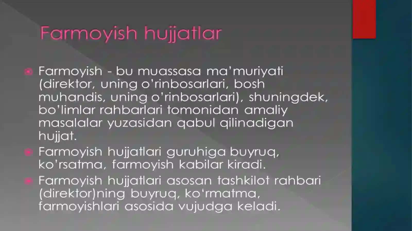 Fozilova Gulnora Davlat tilida ishyuritish fanidan tayyorlagan slayd 4