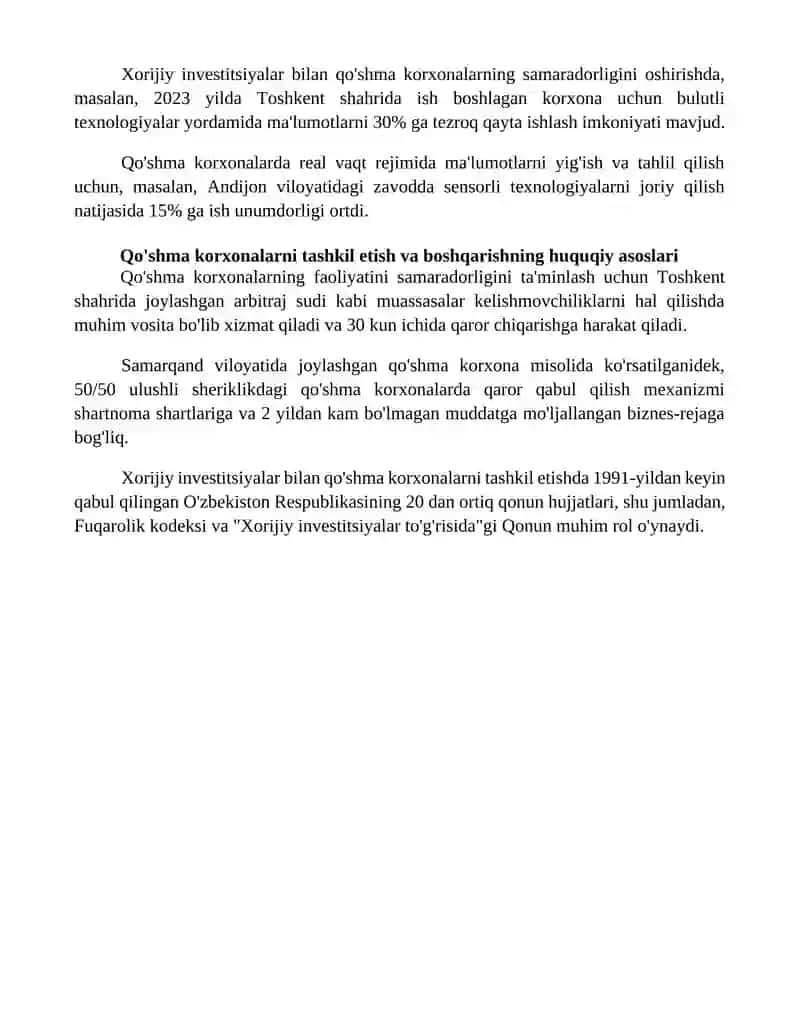 Xorijiy investitsiyalar ishtirokidagi qoʻshimcha korxonalar faoliyati samaradorligini taʼminlash 4
