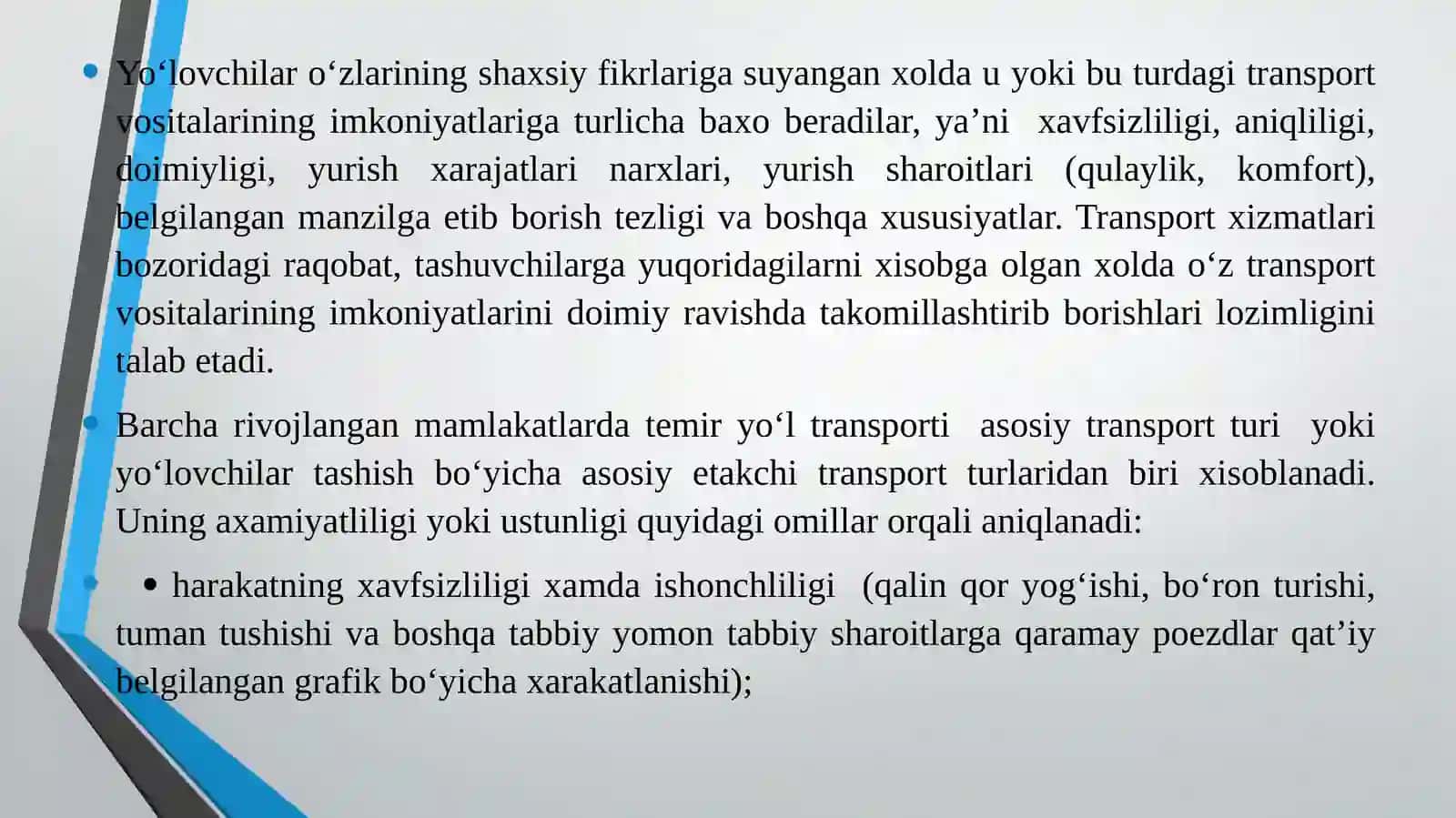 TEMIR YO‘L TRANSPORTIDA YO‘LOVCHILAR TASHISHNI TASHKIL ETISHNING ASOSIY MASALALARI 4