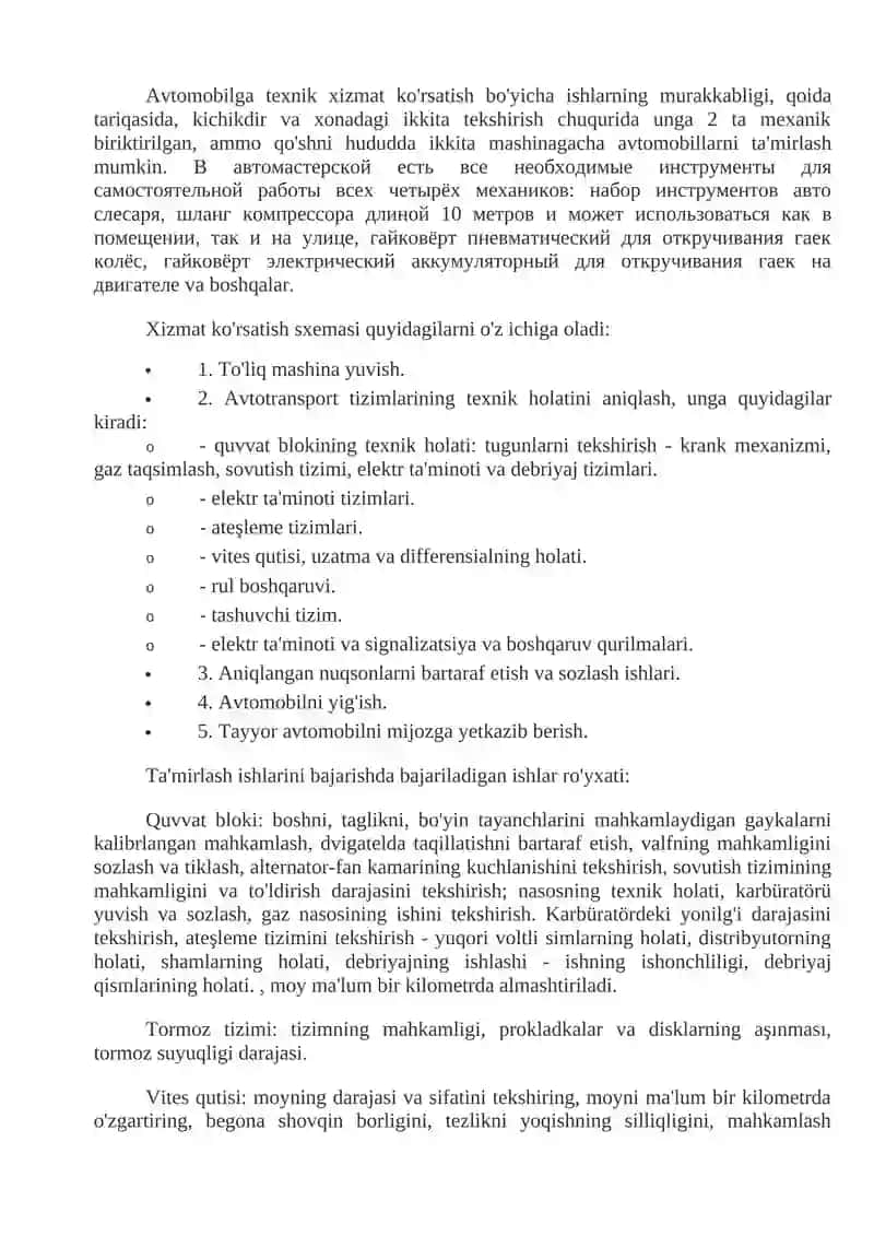 AVTOMOBILLARGA TEXNIK XIZMAT KO’RSATISH VA TA’MIRLASH TIZIMI 4