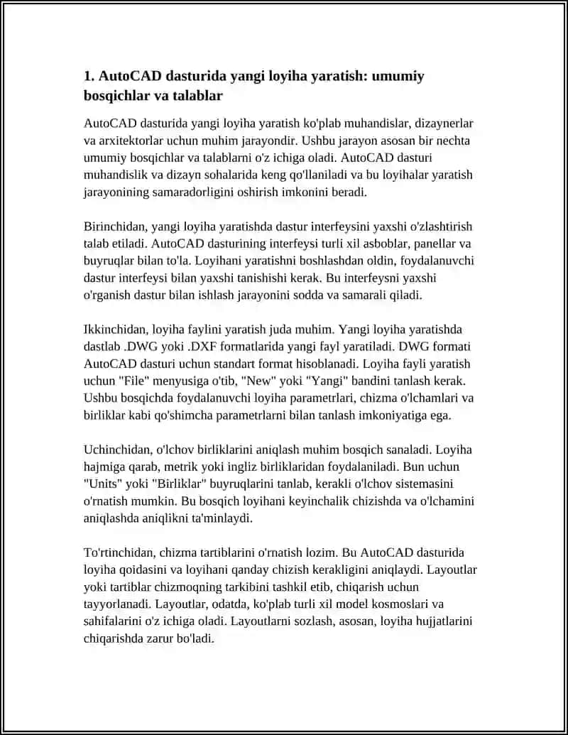 AUTOCAD DASTURIDA YANGI LOYIHA YARATISH MAVZUSI 4