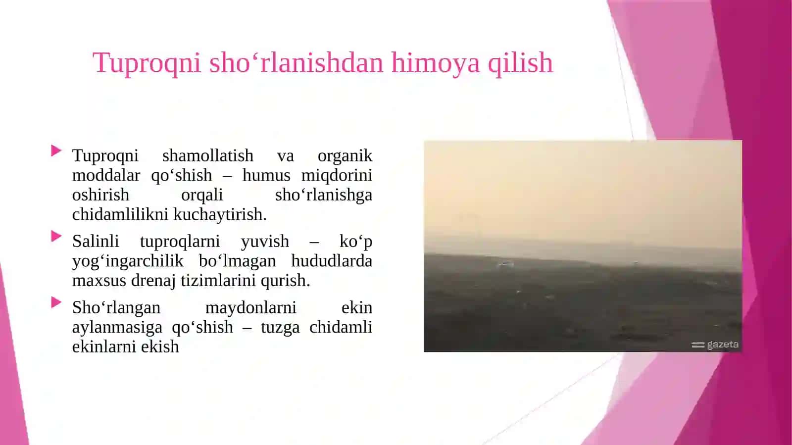 Fargʻona viloyatida shoʻrlanish va eroziyaning oldini olish choralarini ishlab chiqish 4