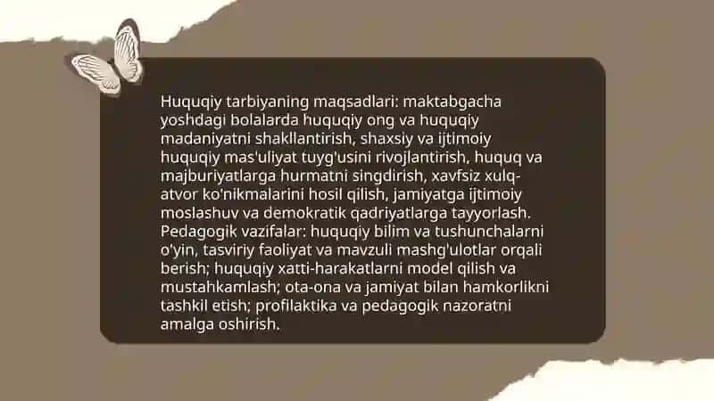 Maktabgacha yoshdagi bolalarga huquqiy tarbiya berish metodikasi fanining predmeti,maqsadi va vazifalari 4